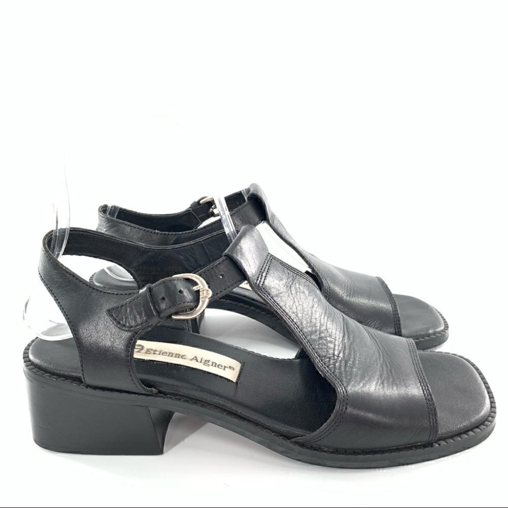 Etienne Aigner sandals 7 Burlington black leather square toe 80s 90s vintage